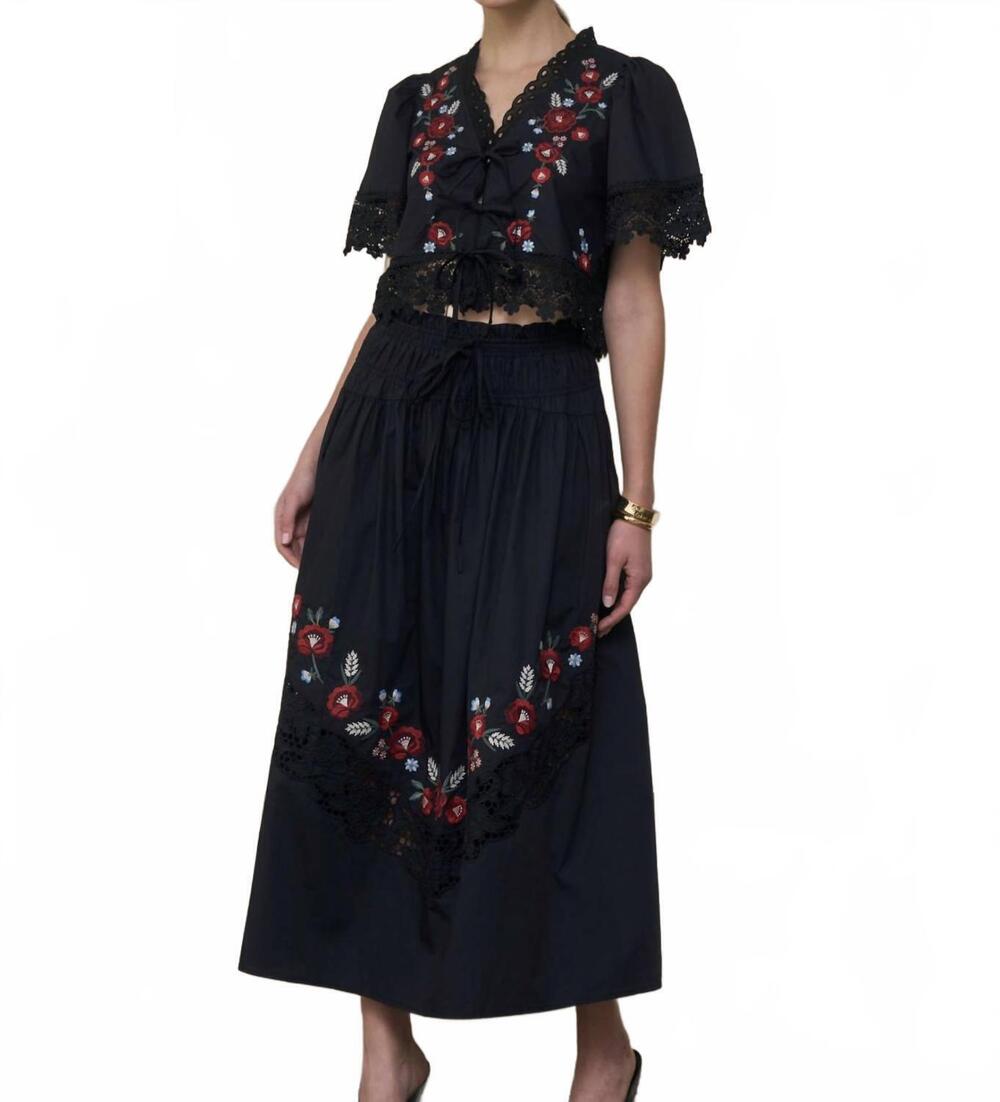 NEW MOON RIVER shirred waist embroidered floral midi skirt in navy
